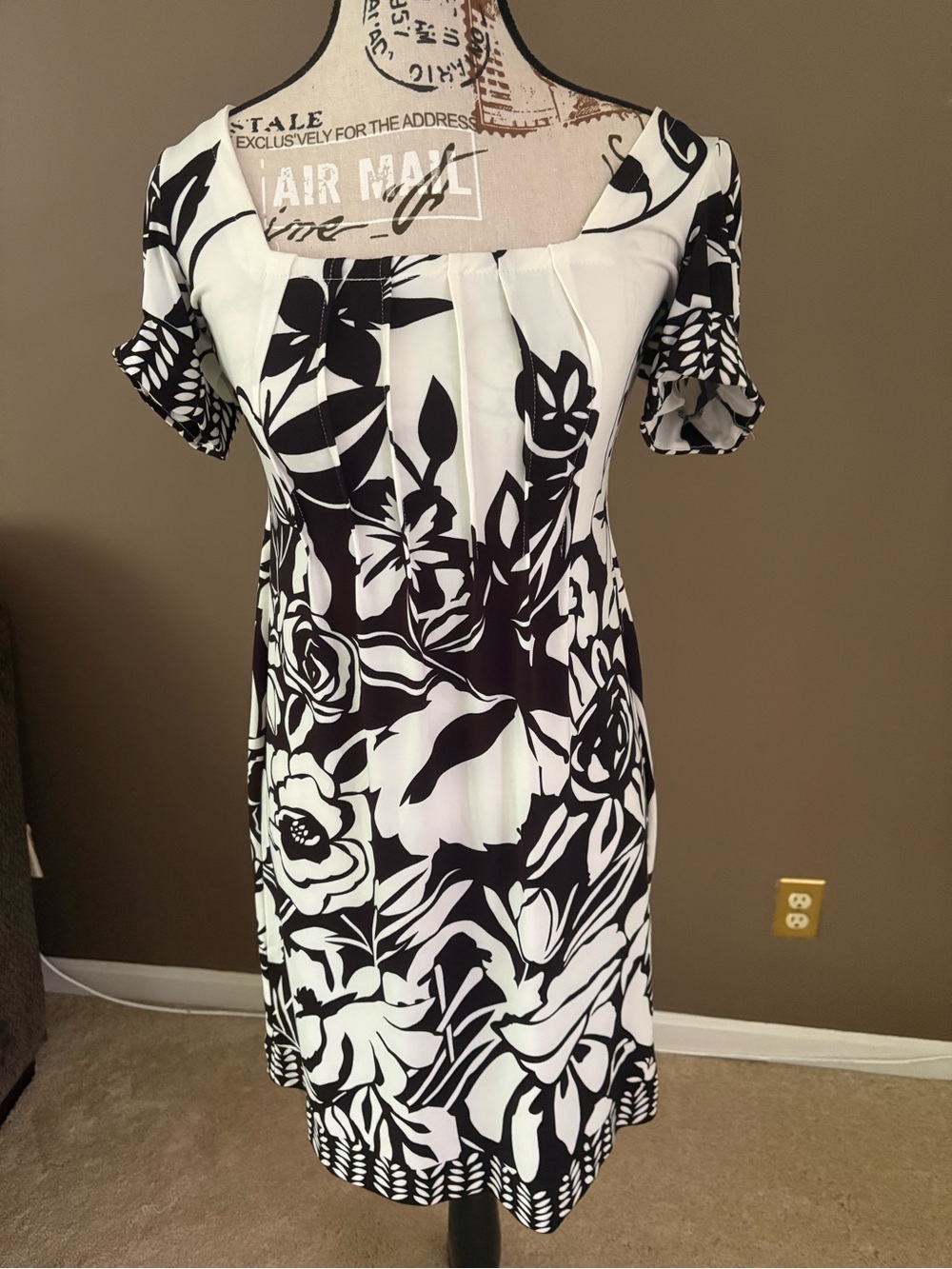 Black & White Floral Square-Neck Mini Dress